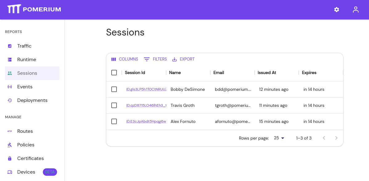 Pomerium Enterprise Session List