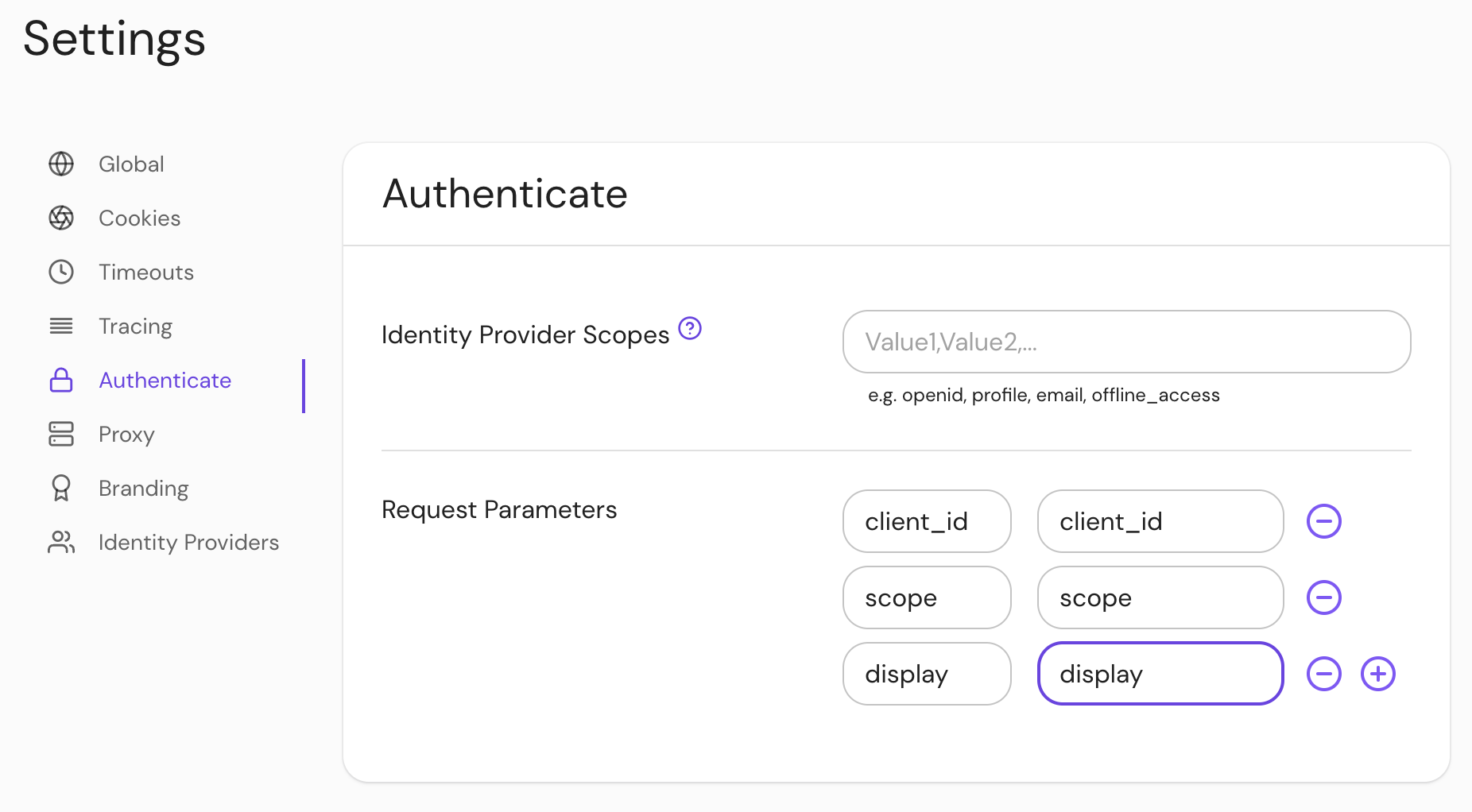 Configure request parameters under authenticate settings in the console